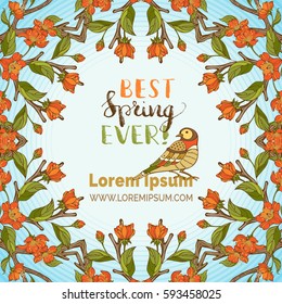 Best spring ever! Red spring blossoms and leaves on tree branches. Hand-written brush lettering. There is place for your text.