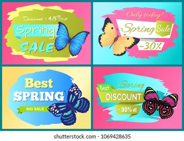 Best spring sale 70% off stickers set butterfies color with ornaments and decorated wings, vector illustration of total sale discount vouchers springtime