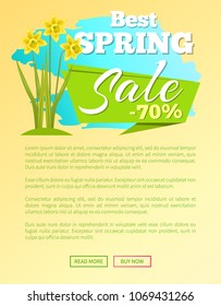 Best spring sale 70 off web poster online push buttons and bouquet of daffodil flowers on sticker, vector springtime advertisement poster, info sales