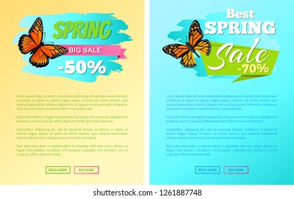 Best spring sale 70 percent off stickers on web posters butterflies of orange color with ornaments and decorative wings, vector total price reduce discount vouchers