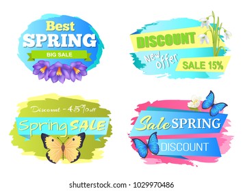 Best spring sale label with crocus flowers, discounts emblem with snowdrops, springtime price off color butterflies vector illustrations set isolated