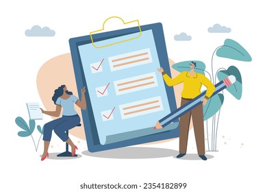 Mejores comprobaciones estándar e informes de revisión de la actuación profesional, control de calidad o aprobación certificada, lista completa de verificación, evaluaciones de la actuación profesional, empresario con documento estándar. Ilustración de diseño de vectores.