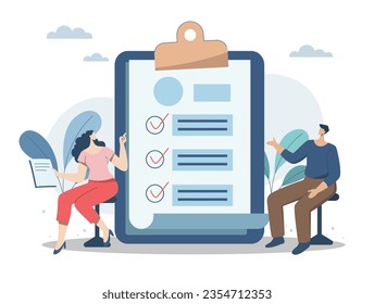 Best standard check and reports performance review, Quality control or certified approval, complete checklist, Performance appraisals, Business man and woman with standard document. Vector design.