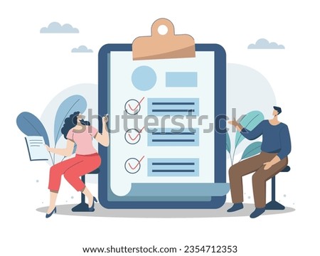 Best standard check and reports performance review, Quality control or certified approval, complete checklist, Performance appraisals, Business man and woman with standard document. Vector design.
