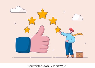 Best star rating concept. Excellence customer feedback, user experience or five stars ranking. High quality product or good quality service, young business owner with big thumb up and 5 stars rating.