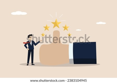Best star rating, superior customer feedback, five star rating concept, young business owner with big thumbs up and 5 star rating.