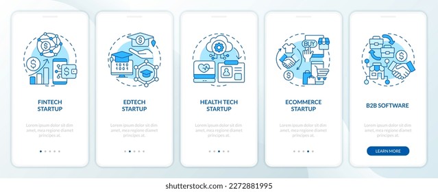 Best startup industries blue onboarding mobile app screen. IT funding walkthrough 5 steps editable graphic instructions with linear concepts. UI, UX, GUI template. Myriad Pro-Bold, Regular fonts used