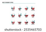 Best student cities logos, icons for infographics, index, presentation, ranking - Tokyo, London, Melbourne, Munich, Paris, Sydney, Berlin, Boston, Toronto