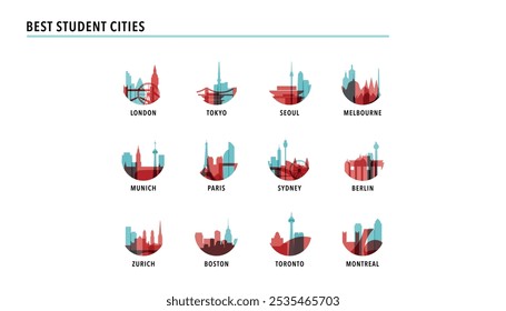 Los mejores logotipos de ciudades estudiantiles, iconos para infografías, índice, presentación, clasificación - Tokio, Londres, Melbourne, Munich, París, Sydney, Berlín, Boston, Toronto