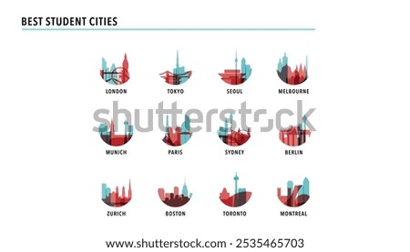 Best student cities logos, icons for infographics, index, presentation, ranking - Tokyo, London, Melbourne, Munich, Paris, Sydney, Berlin, Boston, Toronto