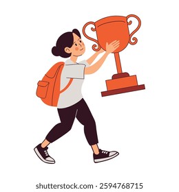Best student walking with backpack and trophy award