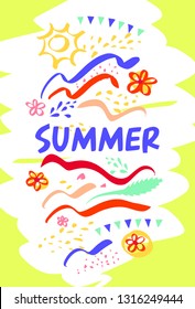 Best summer abstract template poster, banner, flyer. Kid cartoon art Summer. Image colorful freehand drawn wave and flower design for card, invitation. Vector illustration.