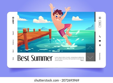 Best summer banner with boy jump in water from wooden pier. Vector landing page of active recreation and leisure with cartoon landscape of lake or river with jetty and happy kid