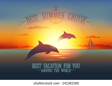 Best summer cruise design template with dolphins at sunset