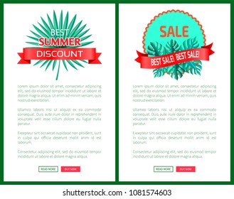 Best summer discount sale promo emblems and palm leaf. Low prices for summertime web posters set. Sticker with tropical plant leaves vector