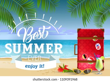 Best summer, enjoy it lettering with sea beach and cocktail. Sale advertising design. Handwritten and typed text, calligraphy. For leaflets, brochures, invitations, posters or banners.