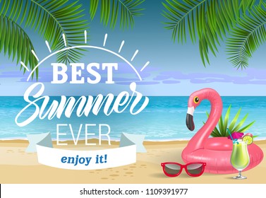 Best summer, enjoy it lettering with sea beach and swimming ring. Sale advertising design. Handwritten and typed text, calligraphy. For leaflets, brochures, invitations, posters or banners.