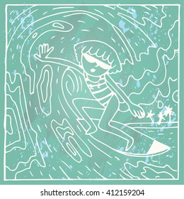 The BEST SUMMER EVER Background. Surfer girl riding a wave.