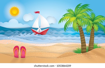 Best Summer holiday beach vector background, The Sand Sea Shore for Summer Season with sailing boat, sandals, and plam tree, Concept for Happy Beach, Paper art vector and illustration.