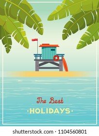 The best summer holiday - Lifeguard station on a beach with green palm and blue sea. Vector illustration with tropical landscape. svg