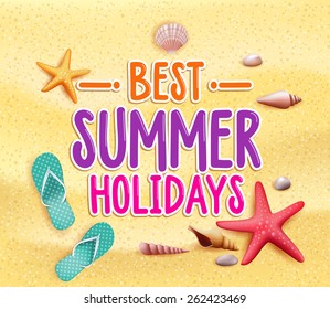 Best Summer Holidays Colorful Title Words in the Beach Yellow Sand with Slippers, Starfish and Sea Shells. Vector Illustration