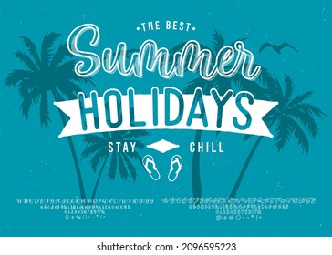 The Best Summer Holidays Script typeface. Malibu. Summer Time. Waikiki beach. Vector illustration. Retro typeface and logo. Summer style.