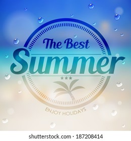 the best summer label with coconut tree on summer beach background vector