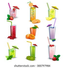 Best summer long glasses fresh fruit cocktail drinks and milkshakes flat icons set abstract isolated vector illustration