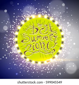 Best Summer Night Brush Script Style Hand lettering. Glowing lights retro frame. Special light effects. Colorful stage lights background. Vector Background show. Studio backdrop with confetti