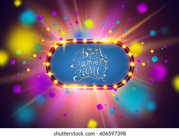 Best Summer Night Brush Script Style Hand lettering. Glowing lights retro frame for advertising design. Colorful stage lights background. Vector Background show. Studio backdrop with confetti.