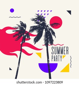 Best summer party. Modern poster with palm tree and geometric graphic. Vector illustration.