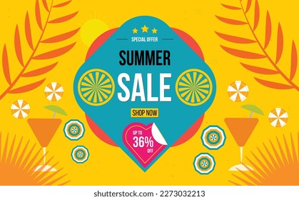 best Summer sale banner discount up to 36% off vector design. Enjoy Special offer summer sale tag for seasonal shopping discount promo advertisement