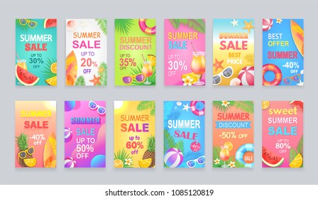 Best summer sale posters set, juicy watermelon, seasonal clearance symbolic elements of season, propositional banners collection vector illustration