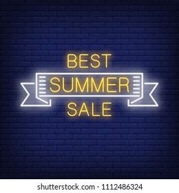 Best summer sale scroll in neon style. Summer word inside of white ribbon. Night bright advertisement. Vector illustration in neon style for seasonal sale and shopping