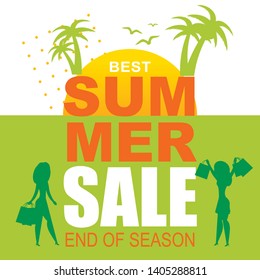 Best Summer Sales Lettering Flat Advertising Banner. Cartoon Happy Female Silhouette Standing with Paper Shopping Bags. Vector Tropical Design Illustration. Palms and Gulls over Promotion Text