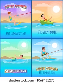 Best summer time collection, posters with headlines and types of summer sport, kitesurfing and donut ride, swimming, banners set vector illustration