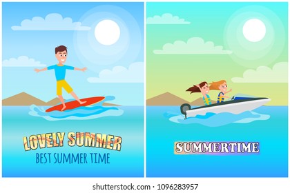 Best summer time color poster, vector illustration, lovely summertime banner, boating sport with surfing man, red board and speed boat, sunny harbour.
