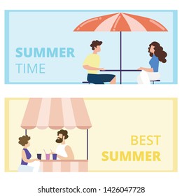 Best Summer Time Horizontal Banners Set. Visitors Sitting in Outdoors Cafe. Man and Woman Dating on Restaurant Terrace, Outdoor Cafeteria Exterior, Booth with Drinks. Cartoon Flat Vector Illustration,