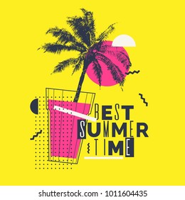 Best summer time. Modern poster with palm tree and geometric graphic. Vector illustration.