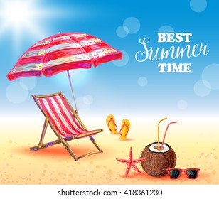 Best summer time poster with sunlight lounge umbrella slippers coconut cocktail sunglasses starfish on beach vector illustration 