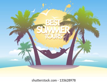 Best summer tours design template with tropical landscape.