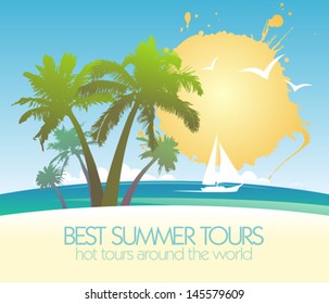 Best Summer Tours Design Vorlage mit tropischer Insel und Yacht.