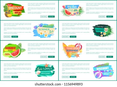 Best super discount banners set vector. Big promotion and summer offering, proposals of shops. Watermelon fruit and cocktail with straw, cool beverage