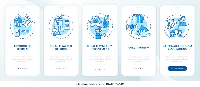 Best sustainable tourism practices onboarding mobile app page screen with concepts. Solar power walkthrough 5 steps graphic instructions. UI, UX, GUI vector template with linear color illustrations
