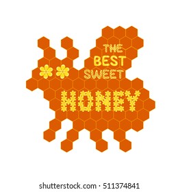 The best sweet Honey icon label. Cute fancy stylized bee silhouette from nectar combs with eyes flowers. Cartoon style symbol. Floral text. Design idea food sign emblem background. Vector illustration