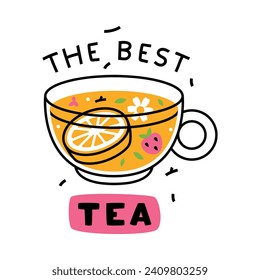 Best Tea Inscription with Cup and Aromatic Tea Brewing Vector Template