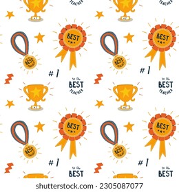 Best teacher award seamless pattern in vector. Cute repeat background for reward professors. Cute cartoon wallpaper for school events, banner, congratulation poster, package design, wrap paper.