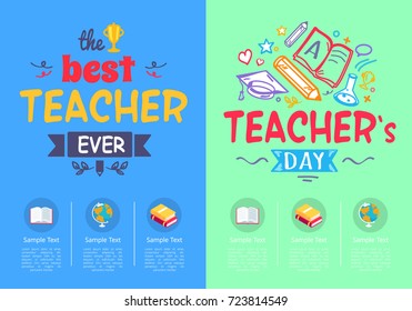 Best teacher ever award and teachers day pictures with three columns and sample text below vector illustration isolated on green and blue