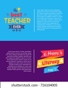Best teacher ever poster set of two, including text sample and written on ribbons titles with symbolic icons of pen, star and bell vector illustration