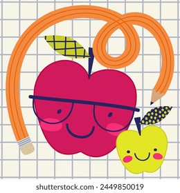 Best teacher ever. Two apples and pencil on squared sheet of paper. Cute vector illustration.